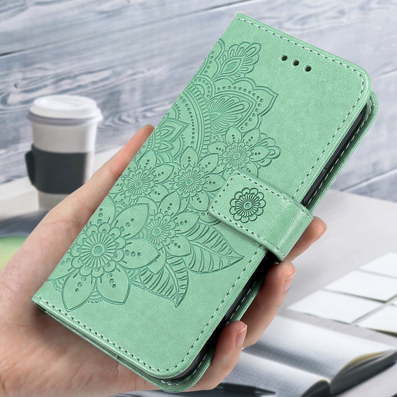 Zestaw Etui z klapką do Samsung Galaxy A54 5G, portfel Mandala i kwiaty, zielone + szkło