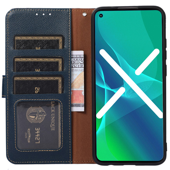 Etui z klapką do Xiaomi Redmi Note 12S 4G, KHAZNEH RFID, niebieskie / brązowe