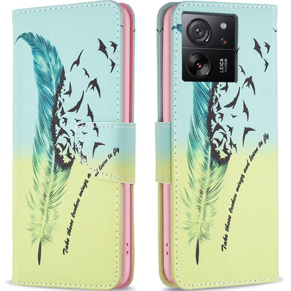 Etui z klapką do Xiaomi 13T / 13T Pro, Wallet, Feather niebieskie / żółte