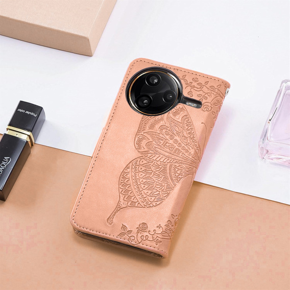 Etui z klapką do Xiaomi Poco F7 Ultra, Butterfly, różowe rose gold