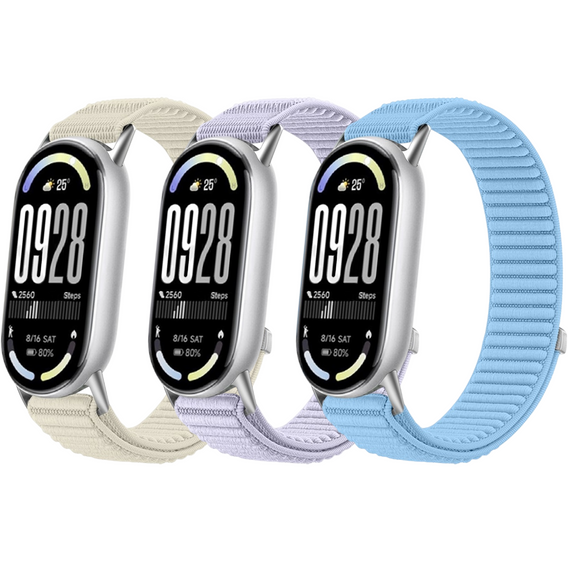 3x Pasek Nylonowy do Xiaomi Smart Band 10 / 9 / 8, Beżowy, Fioletowy, Niebieski