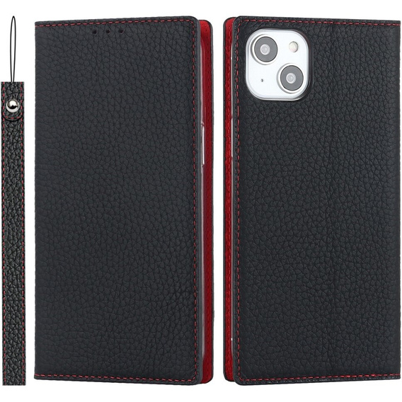 Etui z klapką do iPhone 15, Litchi Skin Grain, czarne