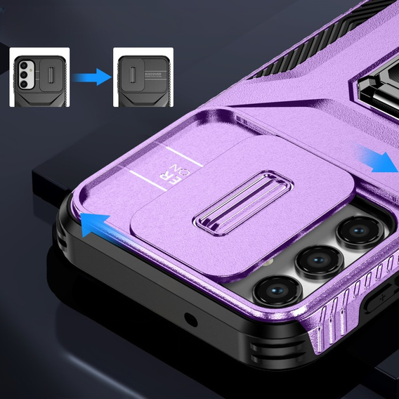 Etui do Samsung Galaxy A15, pancerne Slide Ring, fioletowe + szkło 9H