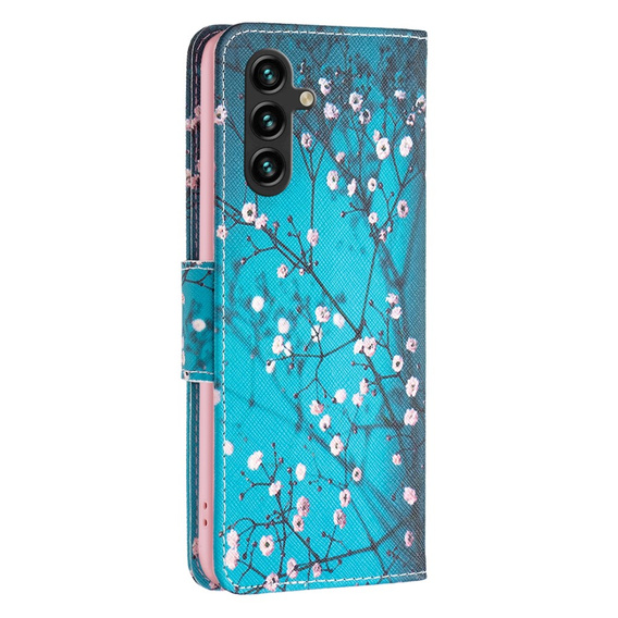 Etui z klapką do Samsung Galaxy A15, Wallet, Sakura, niebieskie + szkło 9H