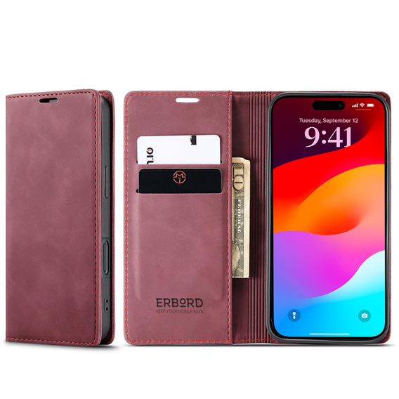 Etui do iPhone 17 Pro Max, ERBORD Vintage portfel z klapką, czerwone