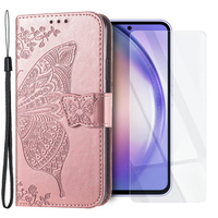 Zestaw Etui do Samsung Galaxy A54 5G, z klapką portfel, Motyl, Różowe + szkło