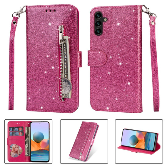 Etui z klapką do Samsung Galaxy A55, Wallet Zipper Pocket Glittery, różowe