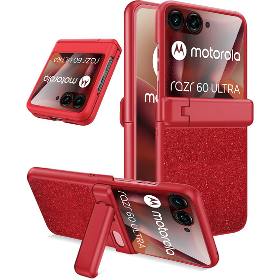 Etui do Motorola Razr 60 Ultra – Glitter PC Case ze szkłem i podstawką - czerwone