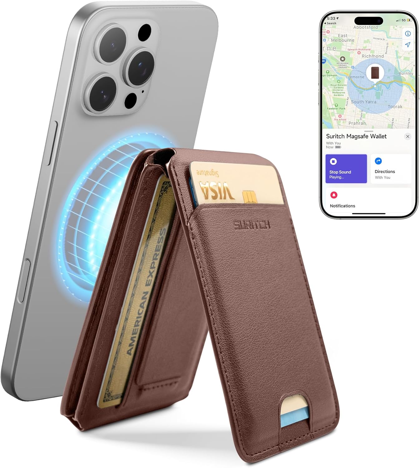 Magnetyczny portfel SURITCH z lokalizatorem Find My, NFC i podstawką