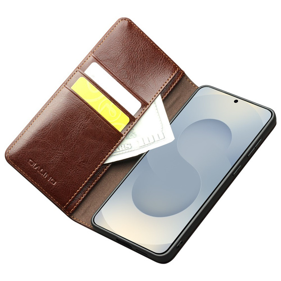 Skórzane etui portfelowe z funkcją podstawki do Samsung Galaxy S25 Edge – elegancja i funkcjonalność - brązowe