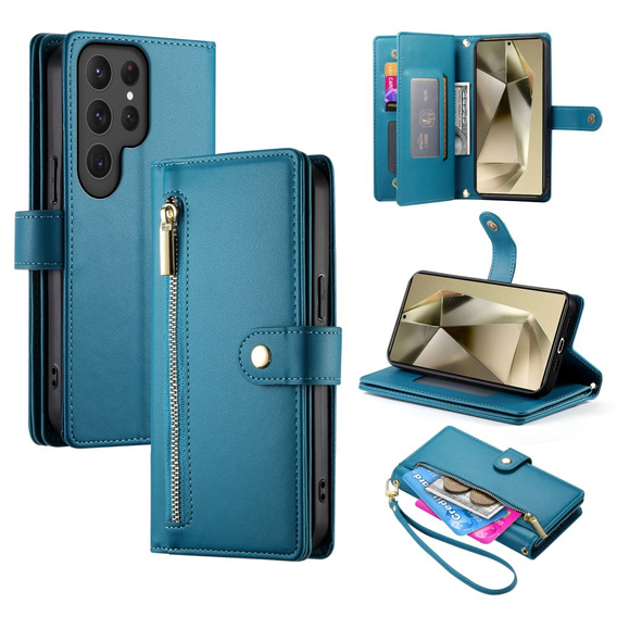 Etui z klapką do Samsung Galaxy S25 Ultra, Wallet Zipper Pocket, niebieskie