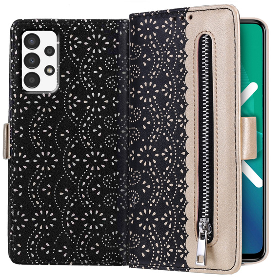 Etui z klapką do Samsung Galaxy A33 5G, Wallet Pocket Zipper Lace, czarne