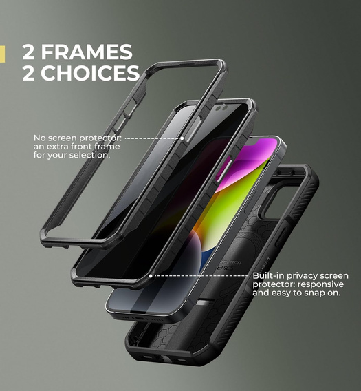 Etui pancerne do iPhone 13 / 14, Dexnor CamProtect MagSafe, z folią prywatyzującą, czarne (Dwie ramki)