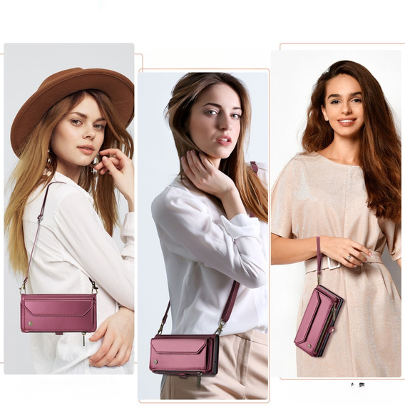Etui CASEME do Samsung Galaxy S24 FE, RFID Leather Wallet, z paskiem na ramię, czerwone