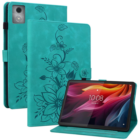 Etui do Lenovo Tab K11 Plus – zielone, z tłoczonym motywem lilii, z kieszeniami na karty
