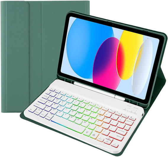 Etui z podświetlaną klawiaturą bluetooth do iPad 10.9 2022 (10 gen.), zielone