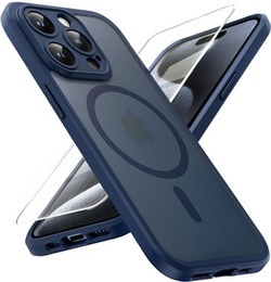 Zestaw Etui do MagSafe do iPhone 15 Pro Max, Hybrid Matte Lens Pro, tytanowe niebieskie + Szkło