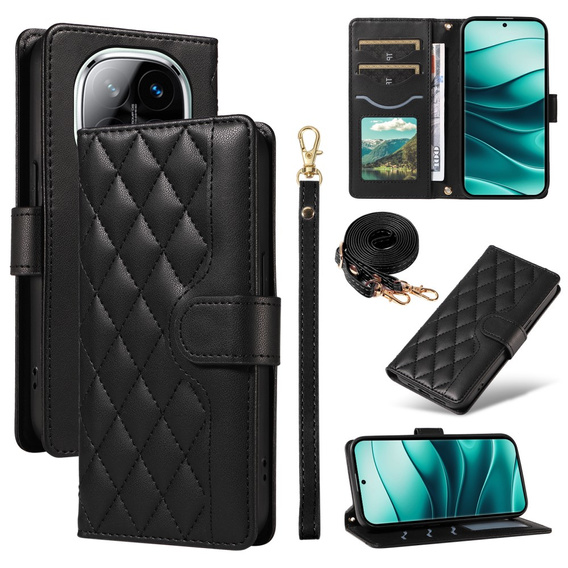 Etui z klapką do Xiaomi Redmi Note 14 Pro 5G / Xiaomi Redmi Note 14 Pro+ 5G / Xiaomi Poco X7 5G, Rhombus Crossbody Leather, czarne