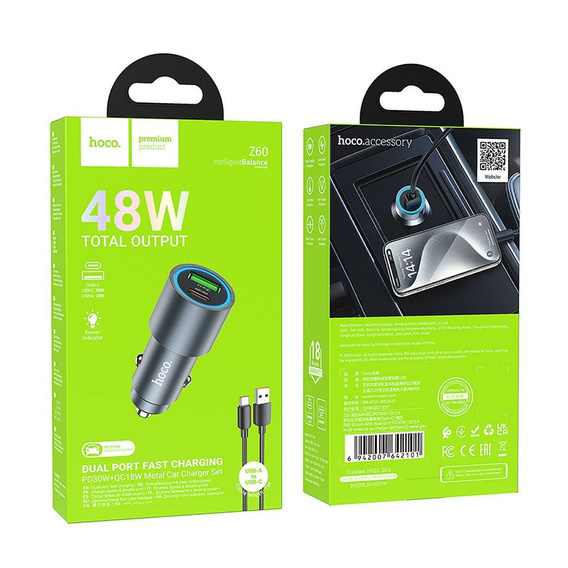 Ładowarka samochodowa Hoco Z60 USB-A + USB-C QC3.0 PD 48W + kabel USB-A do USB-C - czarna