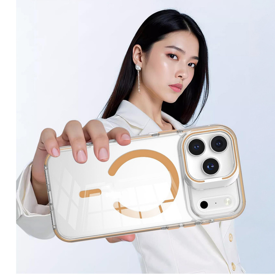 Etui do iPhone 17 Pro, do MagSafe, z podstawką, przezroczyste ze złotymi akcentami