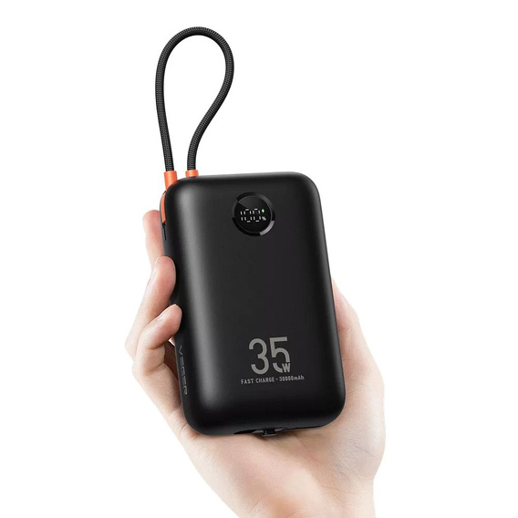 Powerbank VEGER K3 30000 mAh z wbudowanymi kablami USB-C i Lightning, PD 35W – Czarny