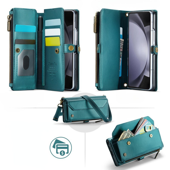 Etui CASEME do Samsung Galaxy Z Fold6 5G, RFID Leather Wallet, z paskiem na ramię, zielone