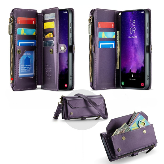 Etui CASEME do Samsung Galaxy S24 FE, RFID Leather Wallet, z paskiem na ramię, fioletowe