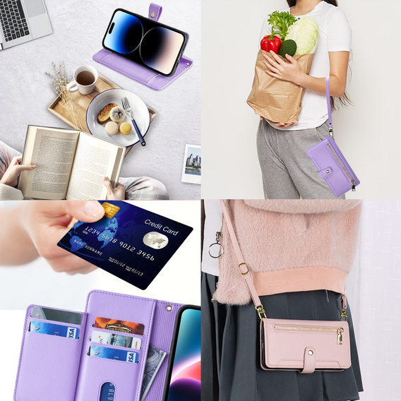 Etui z klapką do iPhone 14 Pro Max, Wallet Zipper Pocket, fioletowe