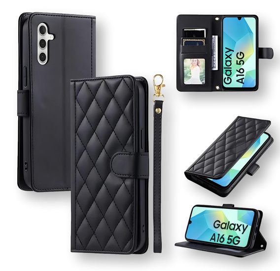 Etui z klapką do Samsung Galaxy A16, Rhombus Crossbody Leather, czarne