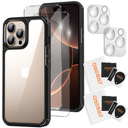 Etui do iPhone 16 Pro, ERBORD Hybrid, przezroczyste / czarne + 2x Szkło na ekran + 2x Szkło na aparat