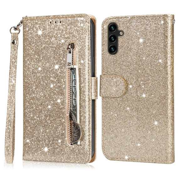 Etui z klapką do Samsung Galaxy A56 5G, Wallet Zipper Pocket Glittery, złote