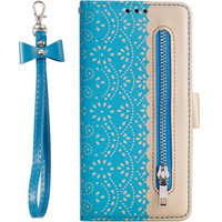 Etui z klapką do Samsung Galaxy A34 5G, Wallet Pocket Zipper Lace, niebieskie