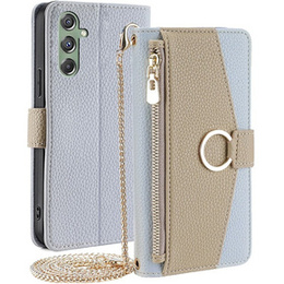 Etui z klapką do Samsung Galaxy M34 5G, Wallet Zipper Pocket, z lusterkiem, niebieskie