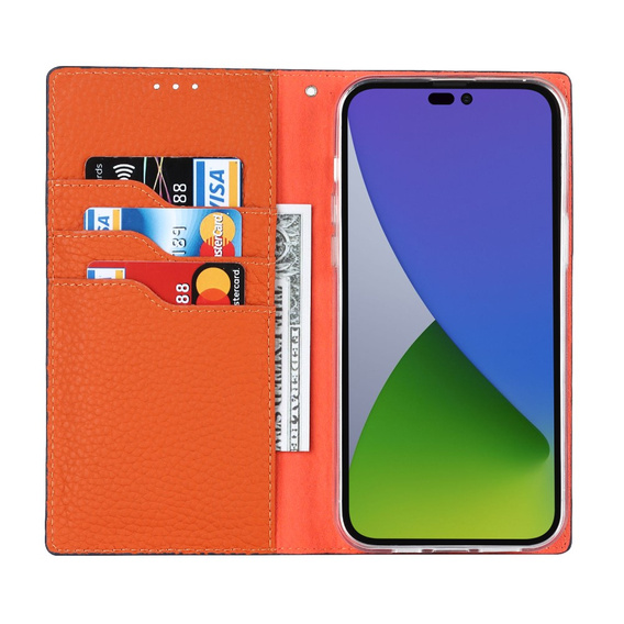 Etui z klapką do iPhone 15 Pro, Litchi Skin Grain, granatowe