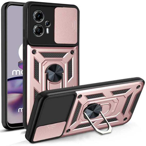 Zestaw Etui do Motorola Moto G13 / G23 pancerne, z ochroną aparatu i ringiem, różowe rose gold + szkło