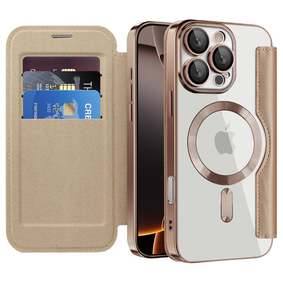 Etui z klapką do iPhone 16 Pro Max, RFID Wallet MagSafe z ochroną aparatu, złote