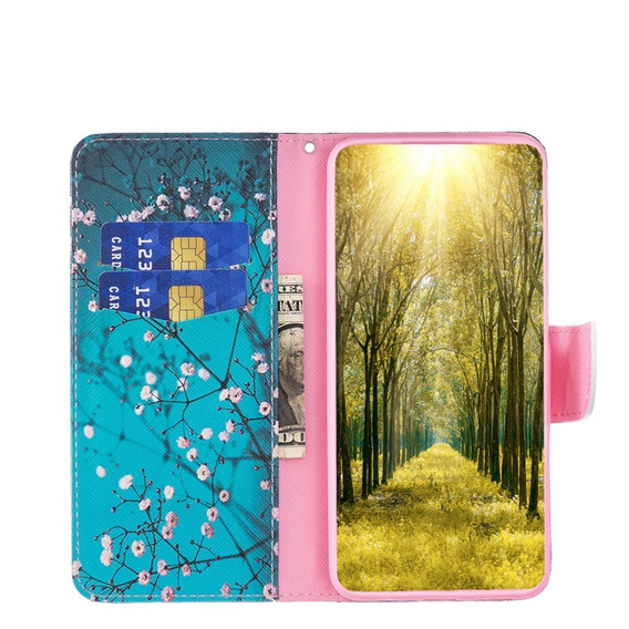 Etui z klapką do Samsung Galaxy A15, Wallet, Sakura, niebieskie + szkło 9H