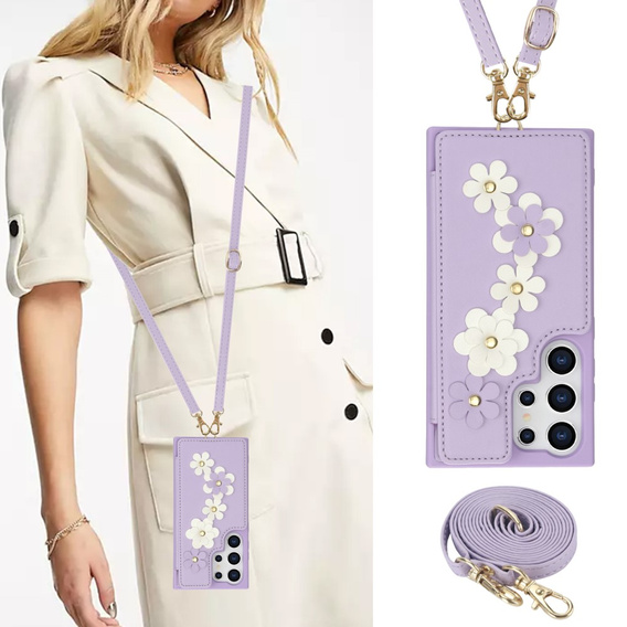 Etui do Samsung Galaxy S25 Ultra, Leather Flower Card Slot, fioletowe