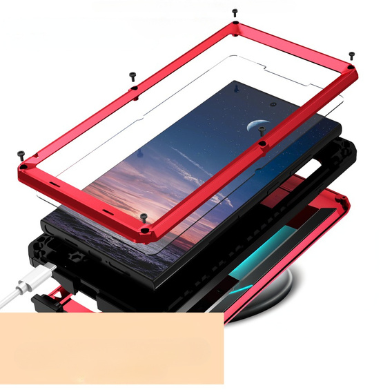 Etui pancerne do Samsung Galaxy S25 Ultra, R-JUST, z przesłoną aparatu i podstawką, czerwone