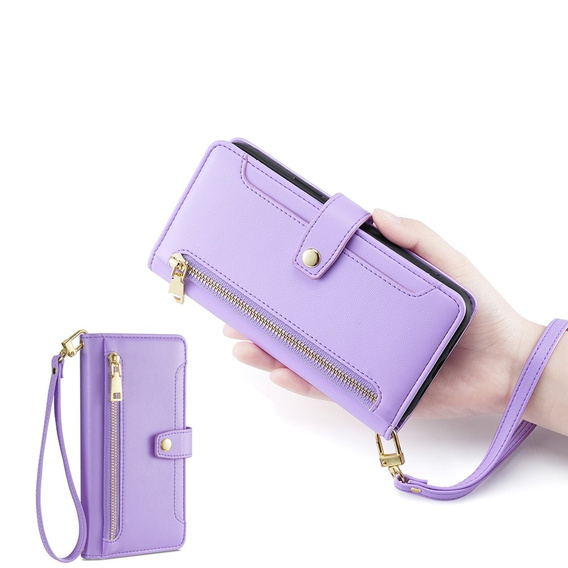 Etui z klapką do iPhone 14 Pro, Wallet Zipper Pocket, fioletowe