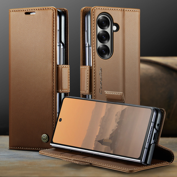 Etui z klapką CASEME do Samsung Galaxy Z Fold7 5G Litchi Wallet – brązowe