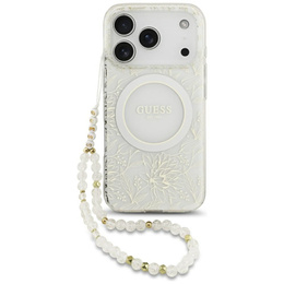 Etui GUESS do iPhone 17 Pro, IML Flowers Electroplated Allover With Beads Strap, do MagSafe, z paskiem, białe