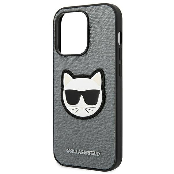 Etui Karl Lagerfeld do iPhone 14 Pro, Saffiano Choupette Head Patch, srebrne