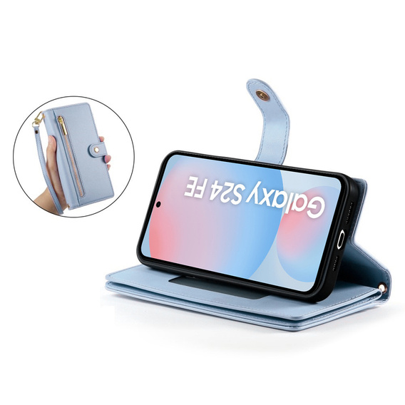 Etui z klapką do Samsung Galaxy S24 FE, Wallet Zipper Pocket, niebieskie