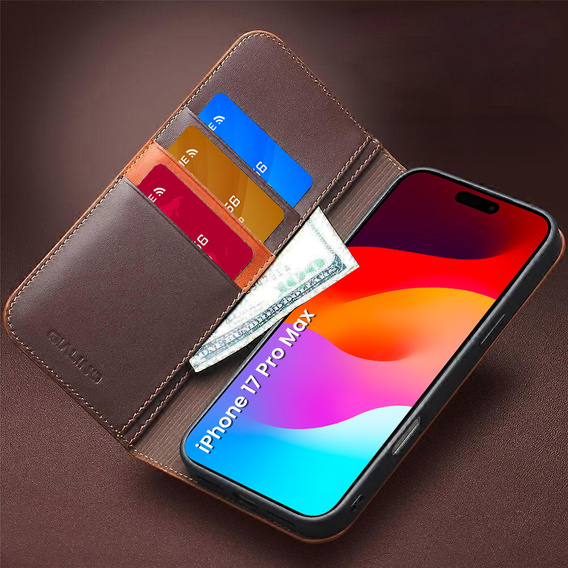 Etui z klapką QIALINO do iPhone 17 Pro Max, skórzane, brązowe