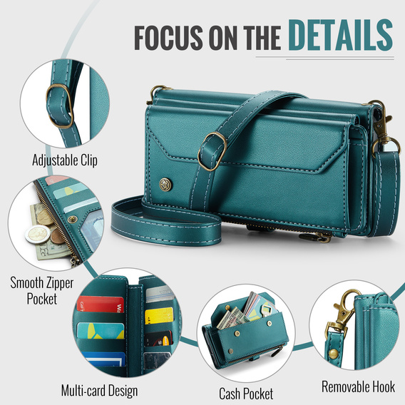 Etui CASEME do Samsung Galaxy S25 FE, RFID Leather Wallet, z paskiem na ramię, zielone