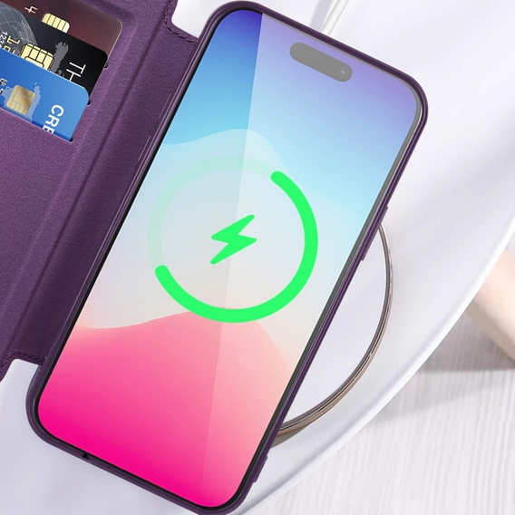 Etui z klapką do iPhone 15 Plus, RFID Wallet MagSafe z ochroną aparatu, fioletowe