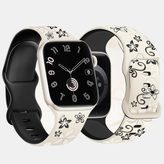 Pasek Silikonowy do Apple Watch 1/2/3/4/5/6/7/8/9/10/11/SE 38/40/41/42mm, Floral, Beżowy / Czarny