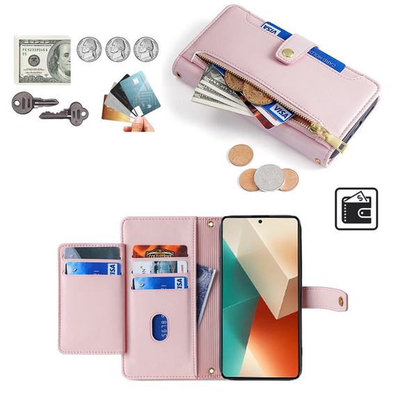 Etui z klapką do Xiaomi Redmi Note 13 5G, Wallet Zipper Pocket, różowe