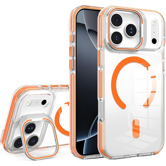 Etui do iPhone 17 Pro Max, do MagSafe, z podstawką, przezroczyste z pomarańczowymi akcentami
